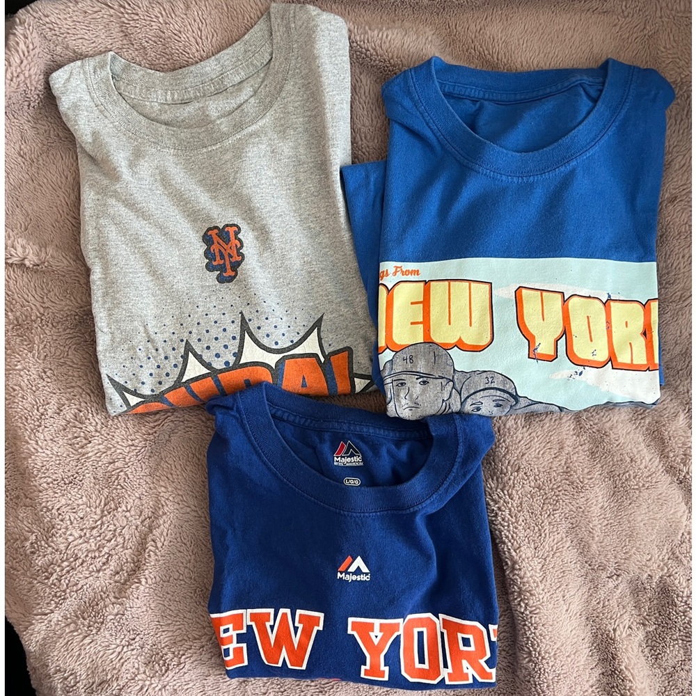 NY METS shirts, Blue and Gray, one is size Large, other 2 unknown